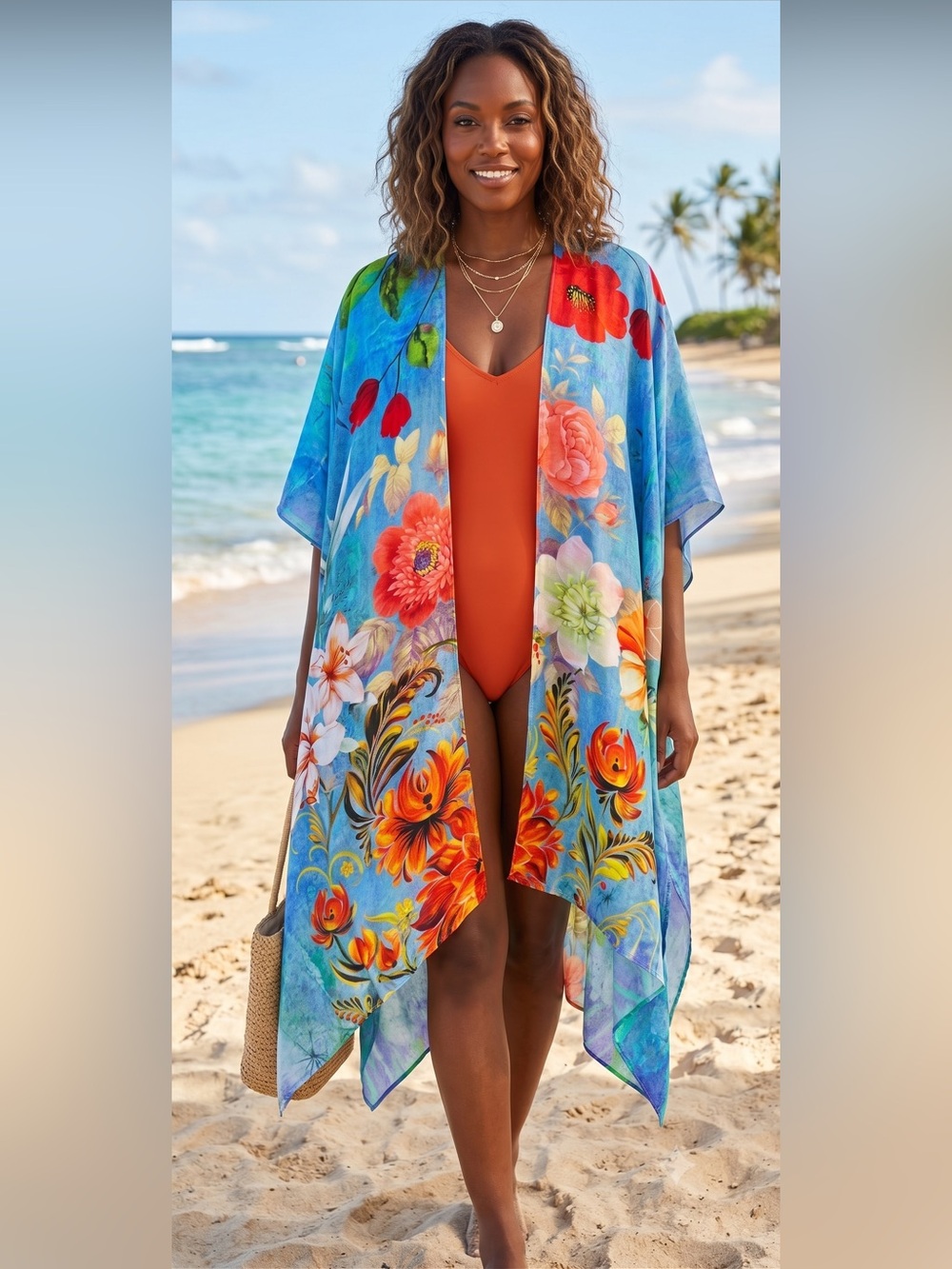 Blue Floral Kimono Cover-Up with Vibrant Orange & Red Blooms